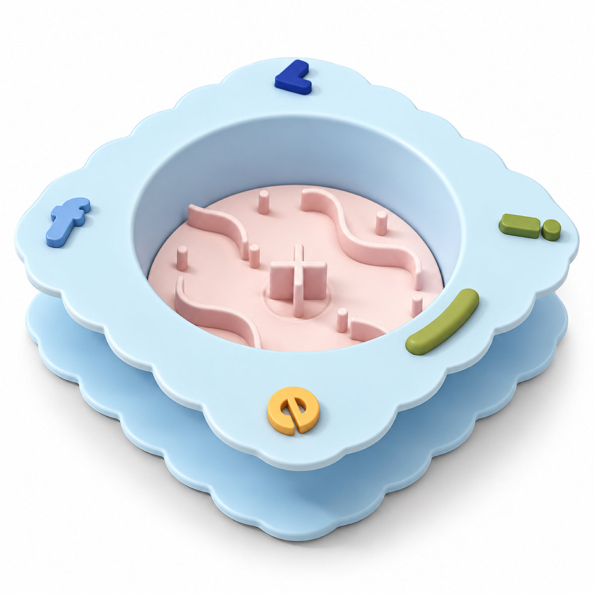 GAVPEPY Silicone Patterned Slow Feeder Bowl, 19.5 x 19.5 x 5.5 cm, Sea Breeze Blue, Sunset Orange or Lemon Yellow, for Everyday Dog and Cat Meals or Water at Home, raised maze-like food channels; a patterned surface separates portions across the bowl image 8 - DPbowl56-SeaBreezeBlue.jpg