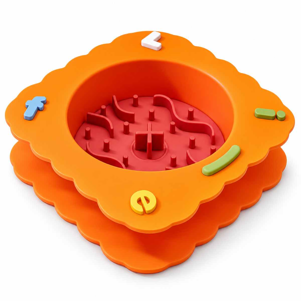 GAVPEPY Silicone Patterned Slow Feeder Bowl, 19.5 x 19.5 x 5.5 cm, Sea Breeze Blue, Sunset Orange or Lemon Yellow, for Everyday Dog and Cat Meals or Water at Home, raised maze-like food channels; a patterned surface separates portions across the bowl image 9 - DPbowl56-SunsetOrange.jpg