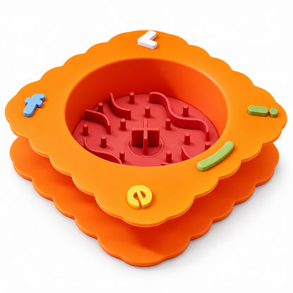 GAVPEPY Silicone Patterned Slow Feeder Bowl, 19.5 x 19.5 x 5.5 cm, Sea Breeze Blue, Sunset Orange or Lemon Yellow, for Everyday Dog and Cat Meals or Water at Home, raised maze-like food channels; a patterned surface separates portions across the bowl image 9 - DPbowl56-SunsetOrange.jpg