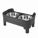 GAVPEPY Raised Double Stainless Steel Pet Bowls, 44 x 26.5 x 16 cm, Black stand, for Everyday Dog and Cat Meals or Water at Home, two bowls with a tall surrounding stand; a practical feeding setup for daily pet-care routines