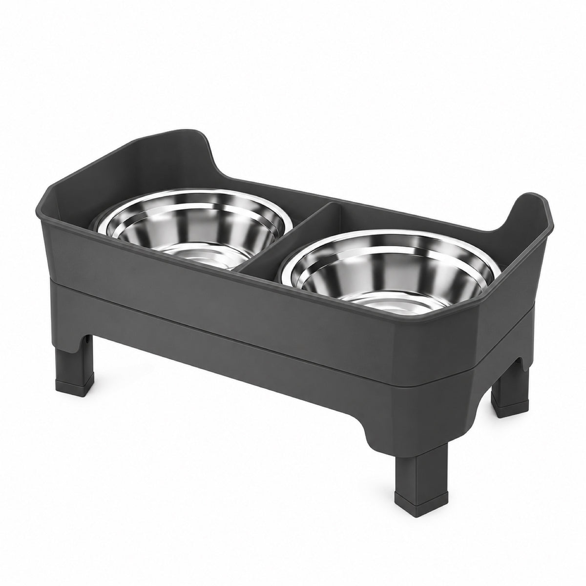 GAVPEPY Raised Double Stainless Steel Pet Bowls, 44 x 26.5 x 16 cm, Black stand, for Everyday Dog and Cat Meals or Water at Home, two bowls with a tall surrounding stand; a practical feeding setup for daily pet-care routines image 8 - DPbowl57-StainlessWithSlowFeedStand.jpg