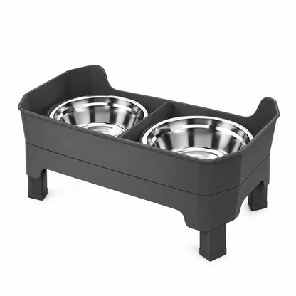 GAVPEPY Raised Double Stainless Steel Pet Bowls, 44 x 26.5 x 16 cm, Black stand, for Everyday Dog and Cat Meals or Water at Home, two bowls with a tall surrounding stand; a practical feeding setup for daily pet-care routines image 8 - DPbowl57-StainlessWithSlowFeedStand.jpg