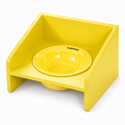 GAVPEPY Raised Ceramic Pet Bowl with Wood Stand, 14.7 cm bowl; 4.2 cm listed height, Pink, Yellow or Blue, for Everyday Dog and Cat Meals or Water at Home, angled bowl held in a low stand; a practical feeding setup for daily pet-care routines image 9 - DPbowl59-Yellow.jpg