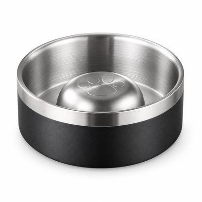 GAVPEPY Stainless Steel Slow Feeder Pet Bowl, 17 or 20 cm diameter, Classic Black, Navy Blue, White or Steel, for Everyday Dog and Cat Meals or Water at Home, raised central feeding ridges; a patterned surface separates portions across the bowl image 8 - DPbowl61-17CM.jpg