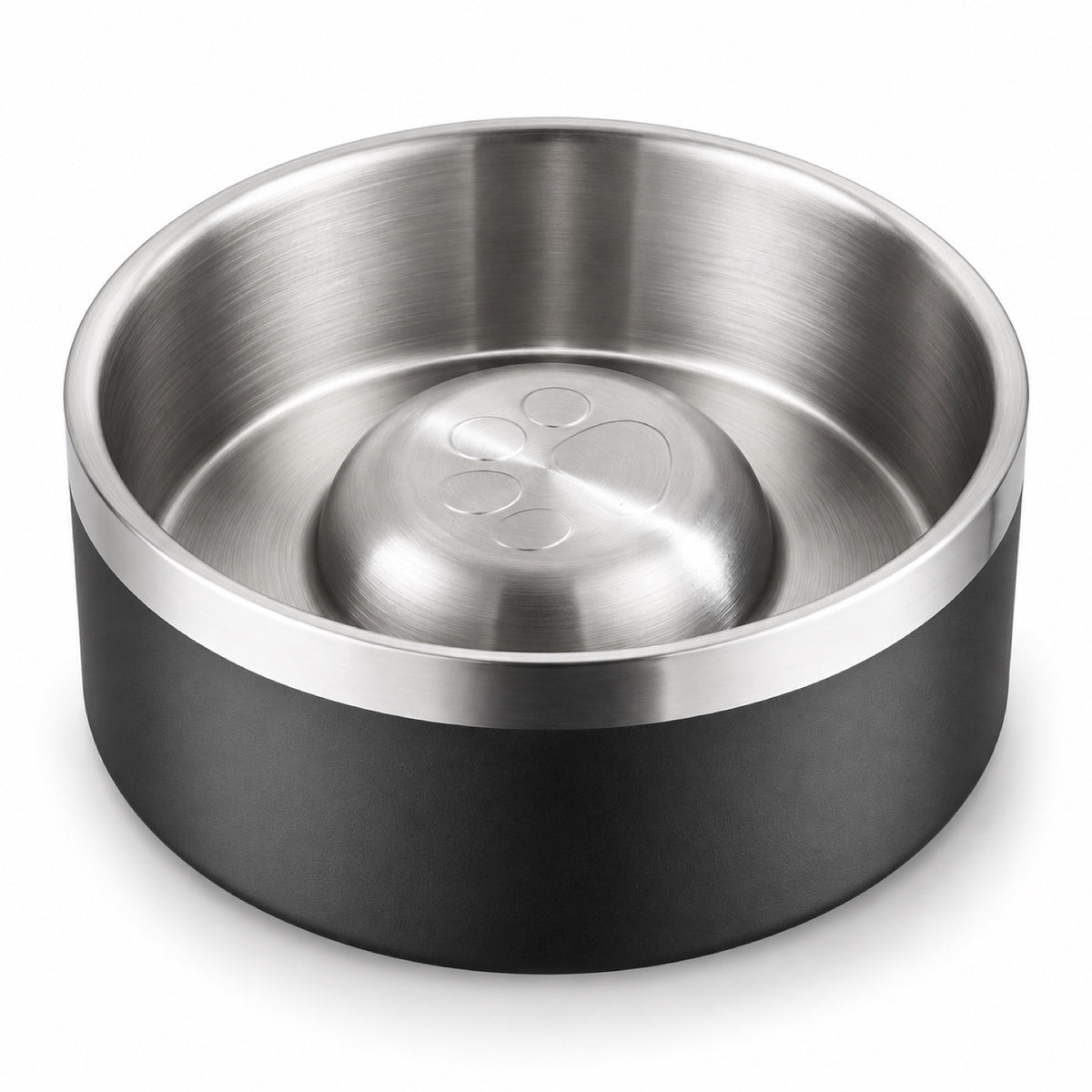 GAVPEPY Stainless Steel Slow Feeder Pet Bowl, 17 or 20 cm diameter, Classic Black, Navy Blue, White or Steel, for Everyday Dog and Cat Meals or Water at Home, raised central feeding ridges; a patterned surface separates portions across the bowl image 12 - DPbowl61-20CM.jpg
