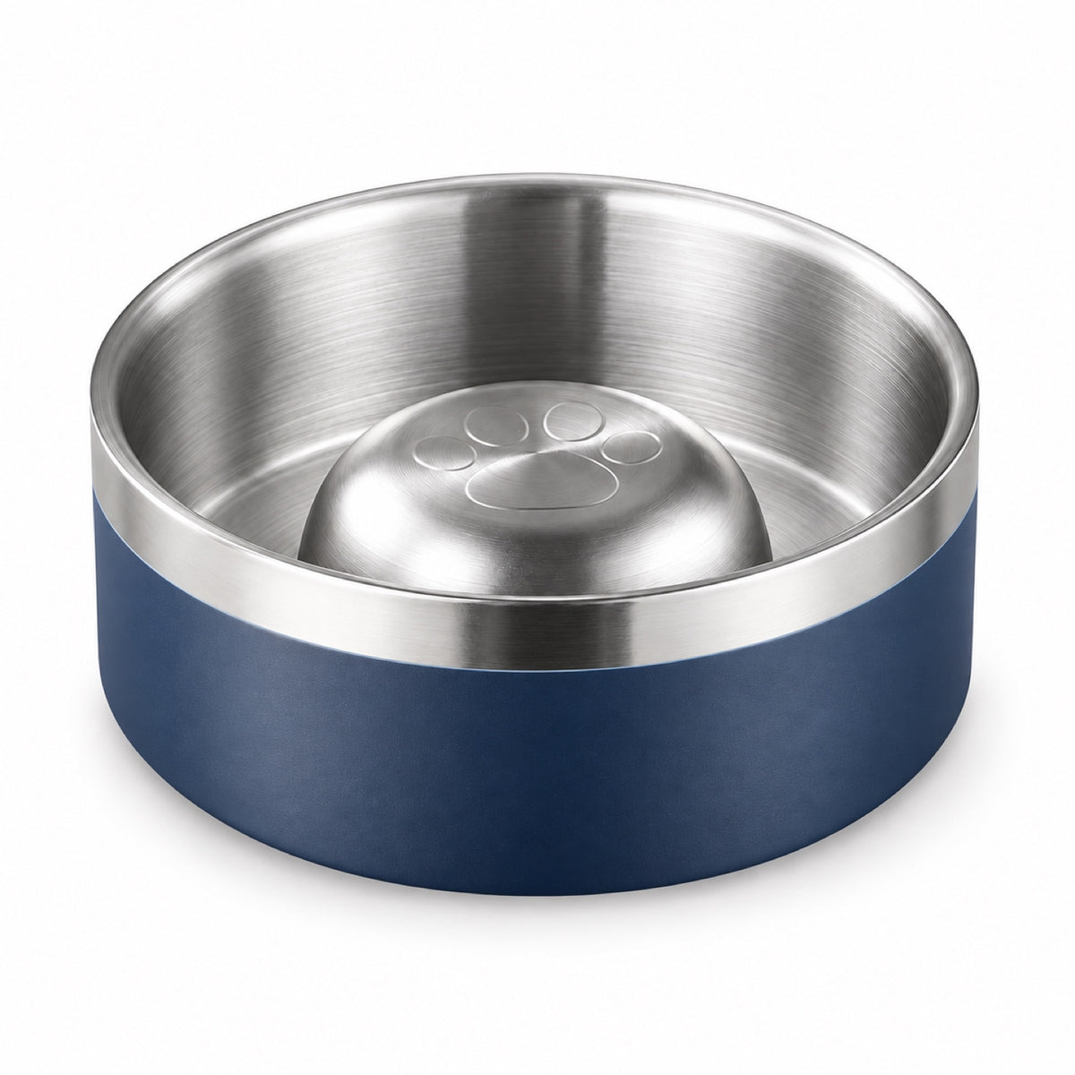 GAVPEPY Stainless Steel Slow Feeder Pet Bowl, 17 or 20 cm diameter, Classic Black, Navy Blue, White or Steel, for Everyday Dog and Cat Meals or Water at Home, raised central feeding ridges; a patterned surface separates portions across the bowl image 9 - DPbowl61-NavyBlue-17CM.jpg