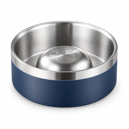 GAVPEPY Stainless Steel Slow Feeder Pet Bowl, 17 or 20 cm diameter, Classic Black, Navy Blue, White or Steel, for Everyday Dog and Cat Meals or Water at Home, raised central feeding ridges; a patterned surface separates portions across the bowl image 9 - DPbowl61-NavyBlue-17CM.jpg