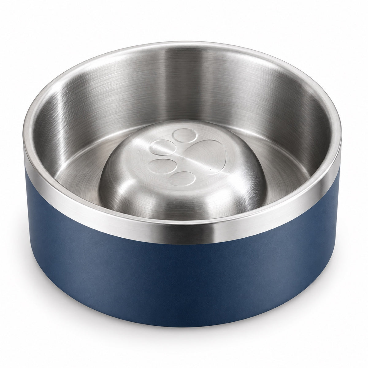 GAVPEPY Stainless Steel Slow Feeder Pet Bowl, 17 or 20 cm diameter, Classic Black, Navy Blue, White or Steel, for Everyday Dog and Cat Meals or Water at Home, raised central feeding ridges; a patterned surface separates portions across the bowl image 13 - DPbowl61-NavyBlue-20CM.jpg