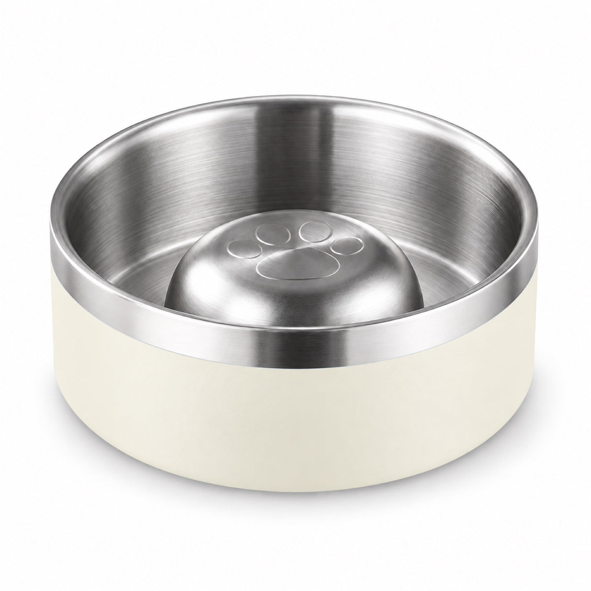 GAVPEPY Stainless Steel Slow Feeder Pet Bowl, 17 or 20 cm diameter, Classic Black, Navy Blue, White or Steel, for Everyday Dog and Cat Meals or Water at Home, raised central feeding ridges; a patterned surface separates portions across the bowl image 10 - DPbowl61-White-17CM.jpg