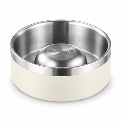 GAVPEPY Stainless Steel Slow Feeder Pet Bowl, 17 or 20 cm diameter, Classic Black, Navy Blue, White or Steel, for Everyday Dog and Cat Meals or Water at Home, raised central feeding ridges; a patterned surface separates portions across the bowl image 10 - DPbowl61-White-17CM.jpg