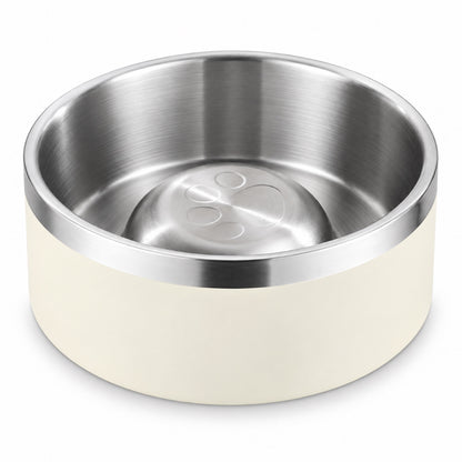 GAVPEPY Stainless Steel Slow Feeder Pet Bowl, 17 or 20 cm diameter, Classic Black, Navy Blue, White or Steel, for Everyday Dog and Cat Meals or Water at Home, raised central feeding ridges; a patterned surface separates portions across the bowl image 14 - DPbowl61-White-20CM.jpg
