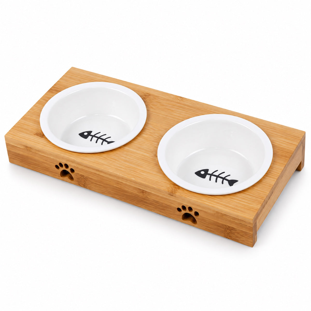 GAVPEPY Bamboo Stand with Two Ceramic Pet Bowls, stand 29.5 x 14.1 x 5.3 cm, natural bamboo and white bowls, for Everyday Dog and Cat Meals or Water at Home, two ceramic bowls seated in a low bamboo frame; a practical feeding setup for daily image 8 - DPbowl62-2pcs.jpg