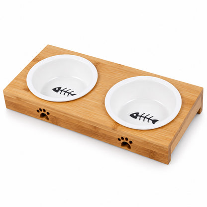 GAVPEPY Bamboo Stand with Two Ceramic Pet Bowls, stand 29.5 x 14.1 x 5.3 cm, natural bamboo and white bowls, for Everyday Dog and Cat Meals or Water at Home, two ceramic bowls seated in a low bamboo frame; a practical feeding setup for daily image 8 - DPbowl62-2pcs.jpg