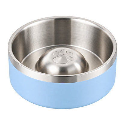 GAVPEPY Stainless Steel Paw-Pattern Slow Feeder Bowl, 17 or 20 cm diameter, 11 finishes including Black, Pink, Green, Navy Blue, White, Orange, Red, Blue, Mint Green, Gray and Steel, for Everyday Dog and Cat Meals or Water at Home, raised paw-shaped image 15 - DPbowl63-Blue-17CM.jpg