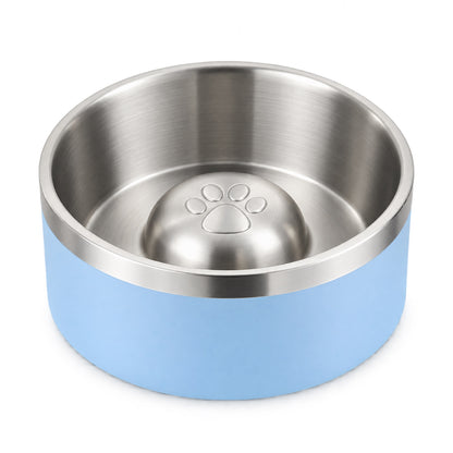 GAVPEPY Stainless Steel Paw-Pattern Slow Feeder Bowl, 17 or 20 cm diameter, 11 finishes including Black, Pink, Green, Navy Blue, White, Orange, Red, Blue, Mint Green, Gray and Steel, for Everyday Dog and Cat Meals or Water at Home, raised paw-shaped image 26 - DPbowl63-Blue-20CM.jpg