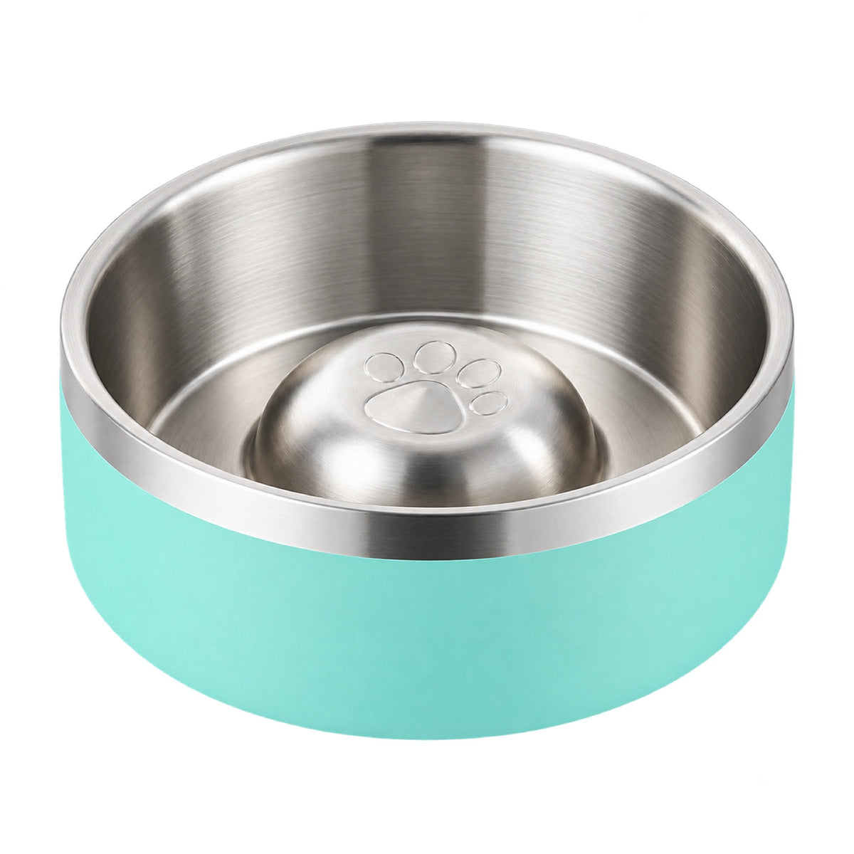 GAVPEPY Stainless Steel Paw-Pattern Slow Feeder Bowl, 17 or 20 cm diameter, 11 finishes including Black, Pink, Green, Navy Blue, White, Orange, Red, Blue, Mint Green, Gray and Steel, for Everyday Dog and Cat Meals or Water at Home, raised paw-shaped image 16 - DPbowl63-MintGreen-17CM.jpg