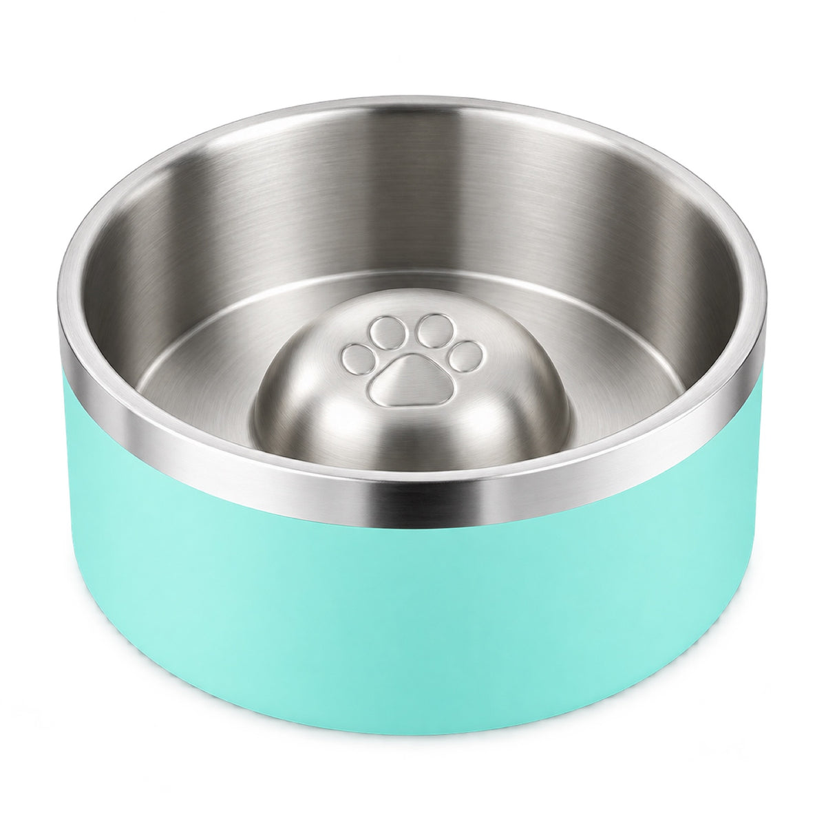 GAVPEPY Stainless Steel Paw-Pattern Slow Feeder Bowl, 17 or 20 cm diameter, 11 finishes including Black, Pink, Green, Navy Blue, White, Orange, Red, Blue, Mint Green, Gray and Steel, for Everyday Dog and Cat Meals or Water at Home, raised paw-shaped image 27 - DPbowl63-MintGreen-20CM.jpg