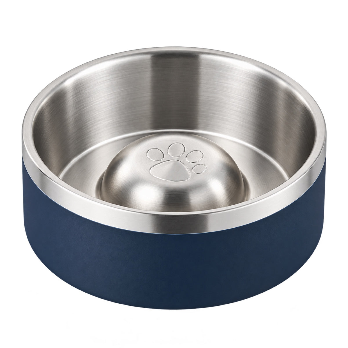 GAVPEPY Stainless Steel Paw-Pattern Slow Feeder Bowl, 17 or 20 cm diameter, 11 finishes including Black, Pink, Green, Navy Blue, White, Orange, Red, Blue, Mint Green, Gray and Steel, for Everyday Dog and Cat Meals or Water at Home, raised paw-shaped image 11 - DPbowl63-NavyBlue-17CM.jpg