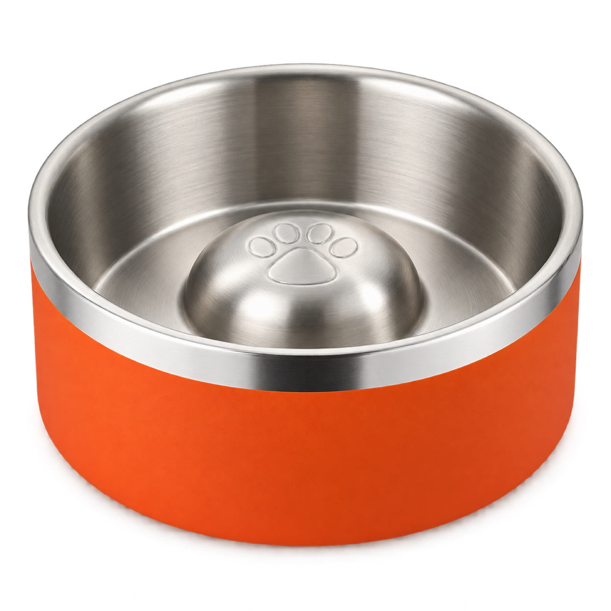 GAVPEPY Stainless Steel Paw-Pattern Slow Feeder Bowl, 17 or 20 cm diameter, 11 finishes including Black, Pink, Green, Navy Blue, White, Orange, Red, Blue, Mint Green, Gray and Steel, for Everyday Dog and Cat Meals or Water at Home, raised paw-shaped image 24 - DPbowl63-Orange-20CM.jpg