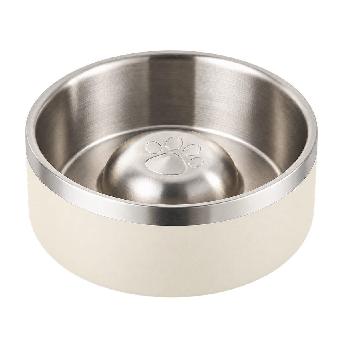 GAVPEPY Stainless Steel Paw-Pattern Slow Feeder Bowl, 17 or 20 cm diameter, 11 finishes including Black, Pink, Green, Navy Blue, White, Orange, Red, Blue, Mint Green, Gray and Steel, for Everyday Dog and Cat Meals or Water at Home, raised paw-shaped image 12 - DPbowl63-White-17CM.jpg
