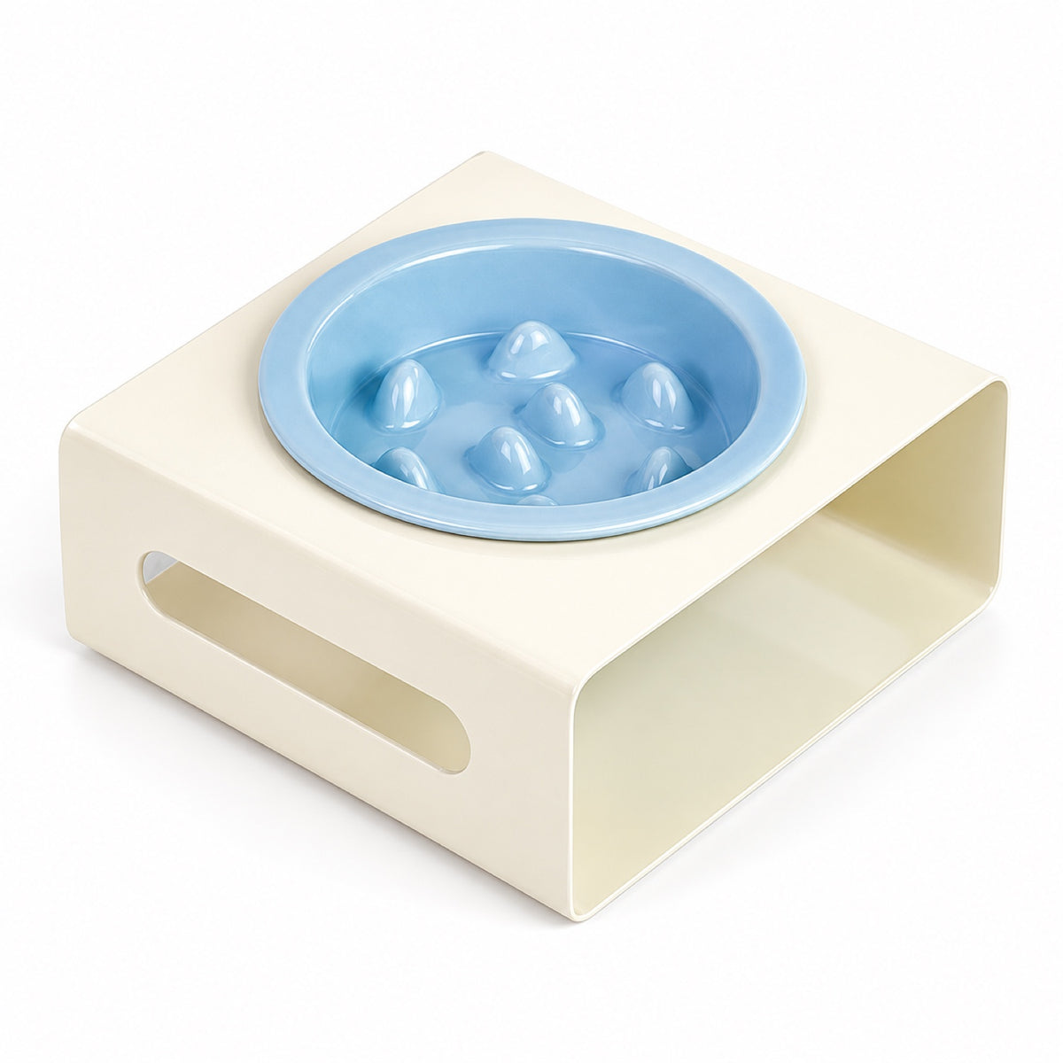 GAVPEPY Ceramic Slow Feeder Bowl and Stand, 13.5 x 13.5 x 3.5 cm bowl, nine bowl-and-stand color combinations, for Everyday Dog and Cat Meals or Water at Home, raised feeding pattern in a small matching stand; a patterned surface separates portions image 15 - DPbowl64-Blue-White.jpg