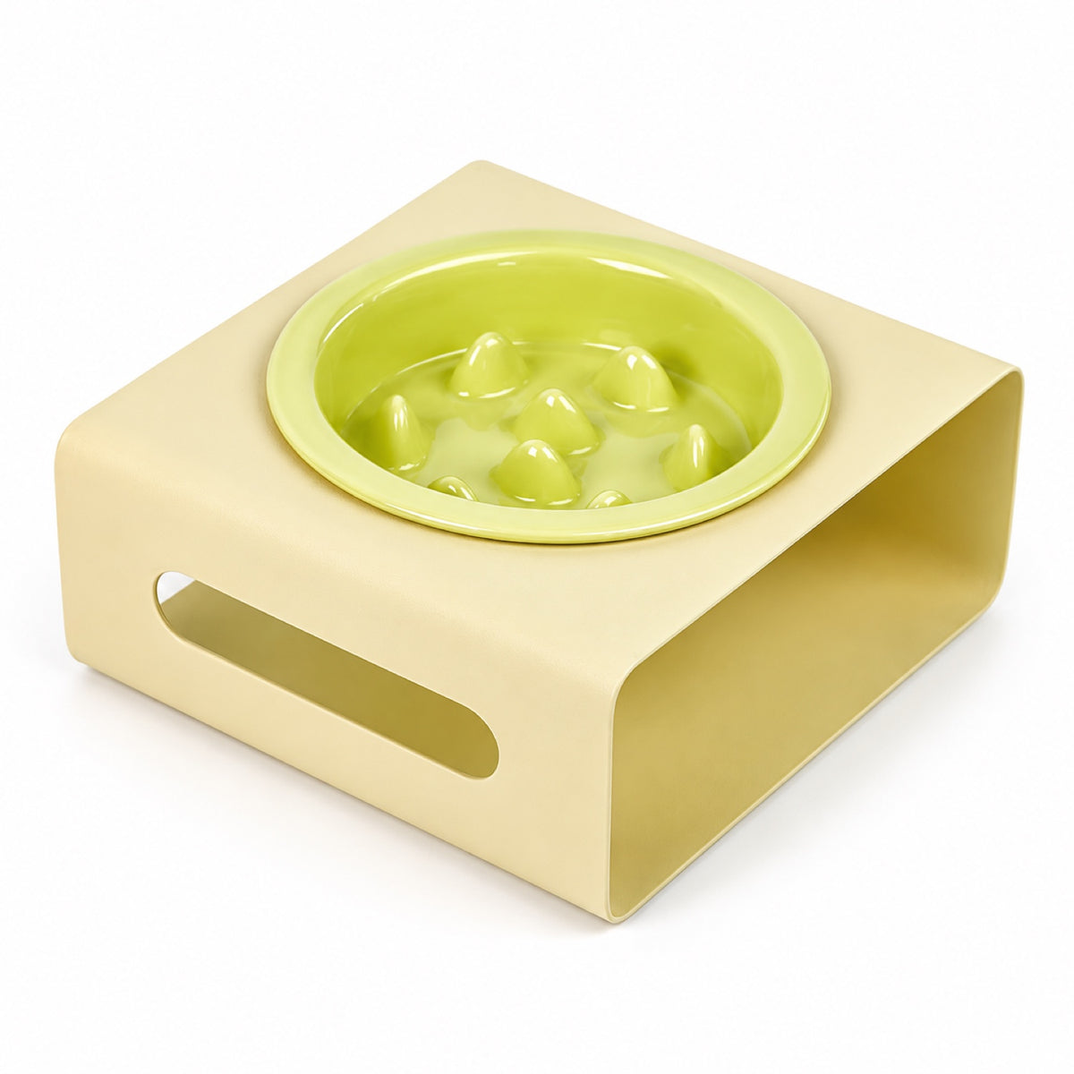 GAVPEPY Ceramic Slow Feeder Bowl and Stand, 13.5 x 13.5 x 3.5 cm bowl, nine bowl-and-stand color combinations, for Everyday Dog and Cat Meals or Water at Home, raised feeding pattern in a small matching stand; a patterned surface separates portions image 9 - DPbowl64-Green-Yellow.jpg