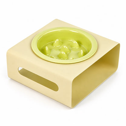 GAVPEPY Ceramic Slow Feeder Bowl and Stand, 13.5 x 13.5 x 3.5 cm bowl, nine bowl-and-stand color combinations, for Everyday Dog and Cat Meals or Water at Home, raised feeding pattern in a small matching stand; a patterned surface separates portions image 9 - DPbowl64-Green-Yellow.jpg