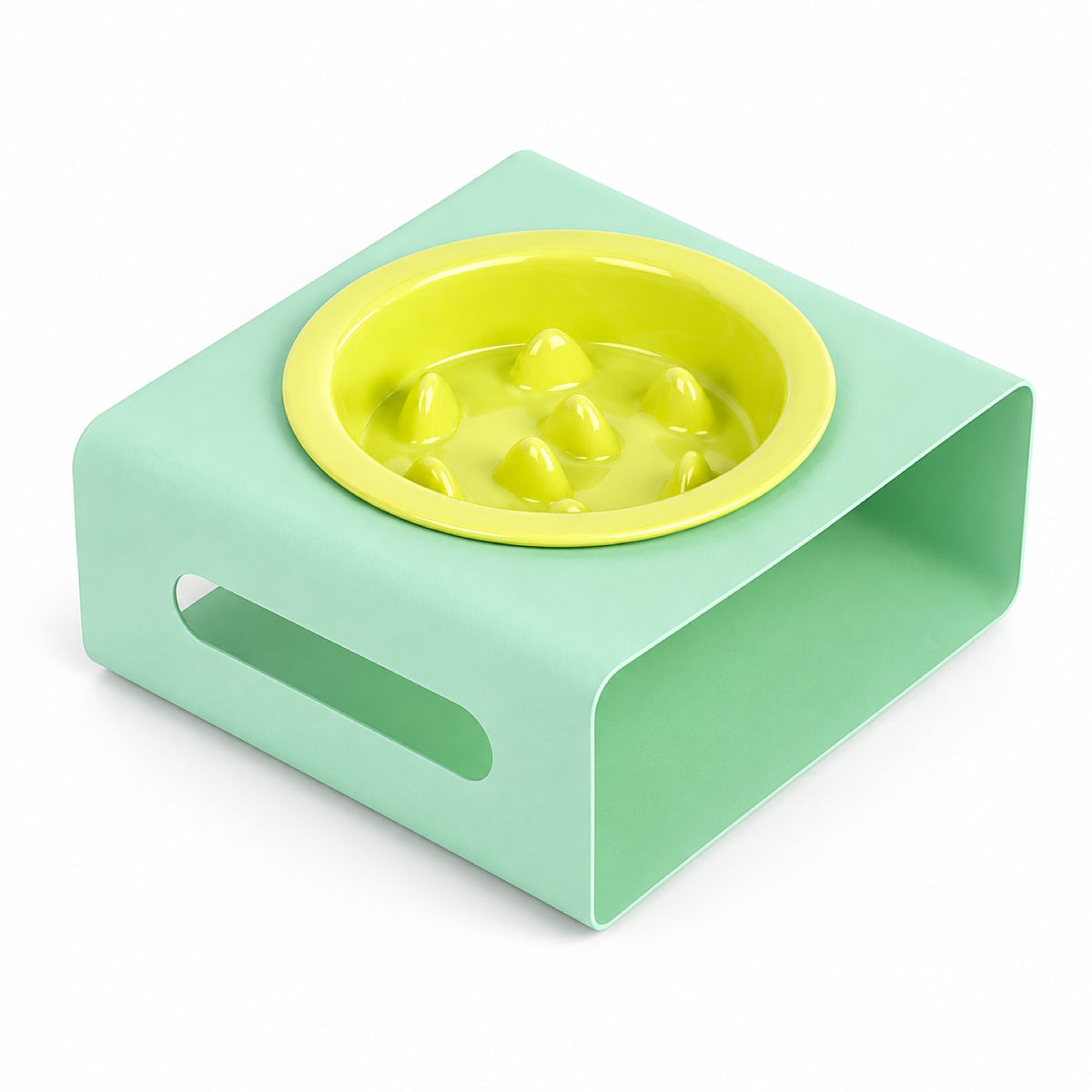 GAVPEPY Ceramic Slow Feeder Bowl and Stand, 13.5 x 13.5 x 3.5 cm bowl, nine bowl-and-stand color combinations, for Everyday Dog and Cat Meals or Water at Home, raised feeding pattern in a small matching stand; a patterned surface separates portions image 14 - DPbowl64-Green.jpg