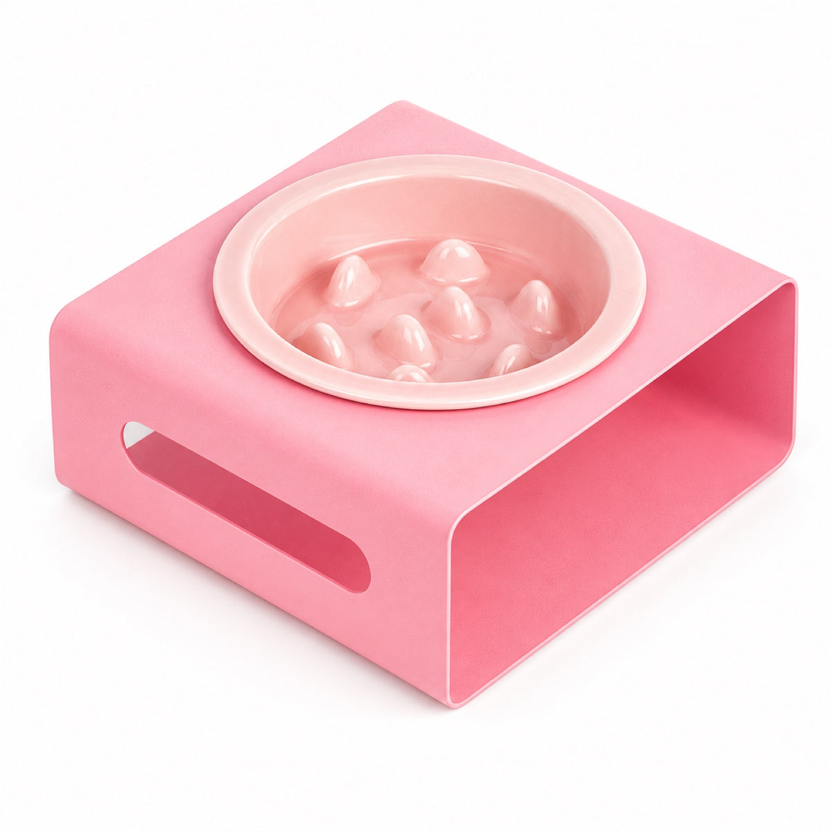 GAVPEPY Ceramic Slow Feeder Bowl and Stand, 13.5 x 13.5 x 3.5 cm bowl, nine bowl-and-stand color combinations, for Everyday Dog and Cat Meals or Water at Home, raised feeding pattern in a small matching stand; a patterned surface separates portions image 11 - DPbowl64-Pink.jpg