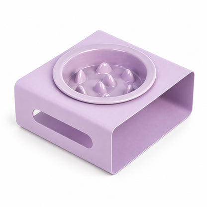 GAVPEPY Ceramic Slow Feeder Bowl and Stand, 13.5 x 13.5 x 3.5 cm bowl, nine bowl-and-stand color combinations, for Everyday Dog and Cat Meals or Water at Home, raised feeding pattern in a small matching stand; a patterned surface separates portions image 10 - DPbowl64-Purple.jpg