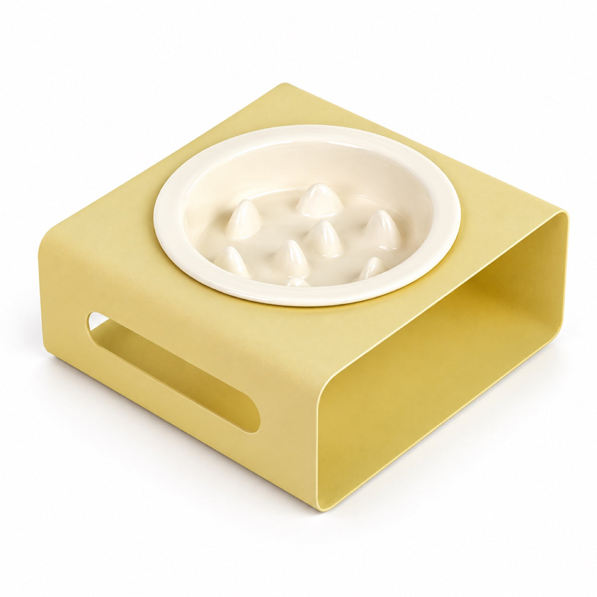 GAVPEPY Ceramic Slow Feeder Bowl and Stand, 13.5 x 13.5 x 3.5 cm bowl, nine bowl-and-stand color combinations, for Everyday Dog and Cat Meals or Water at Home, raised feeding pattern in a small matching stand; a patterned surface separates portions image 12 - DPbowl64-White-Yellow.jpg