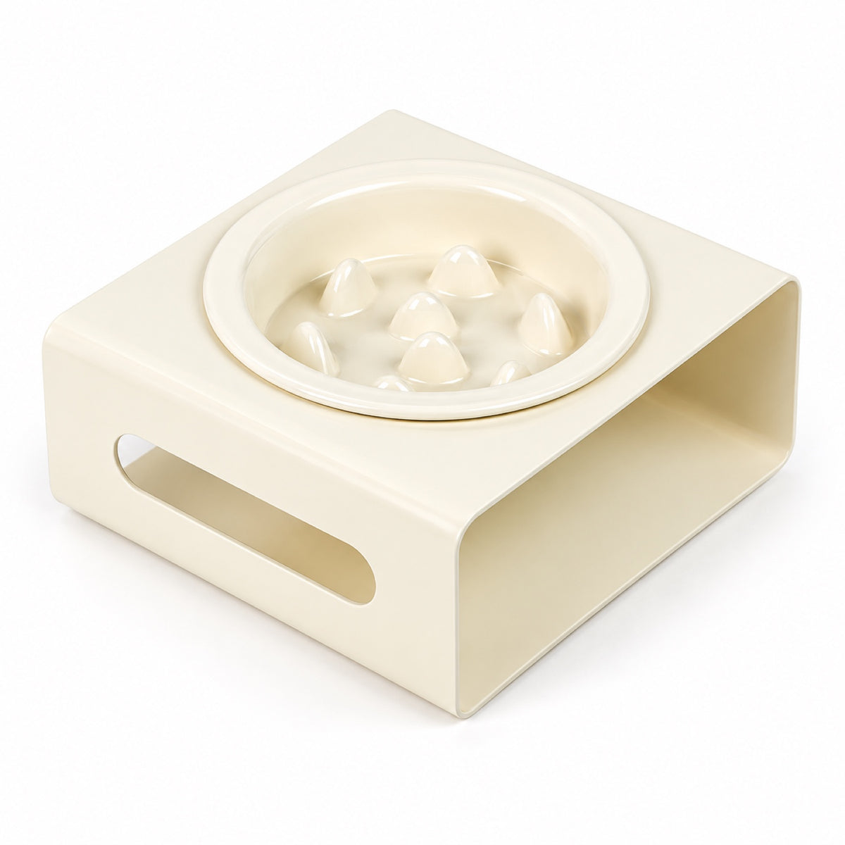 GAVPEPY Ceramic Slow Feeder Bowl and Stand, 13.5 x 13.5 x 3.5 cm bowl, nine bowl-and-stand color combinations, for Everyday Dog and Cat Meals or Water at Home, raised feeding pattern in a small matching stand; a patterned surface separates portions image 8 - DPbowl64-White.jpg