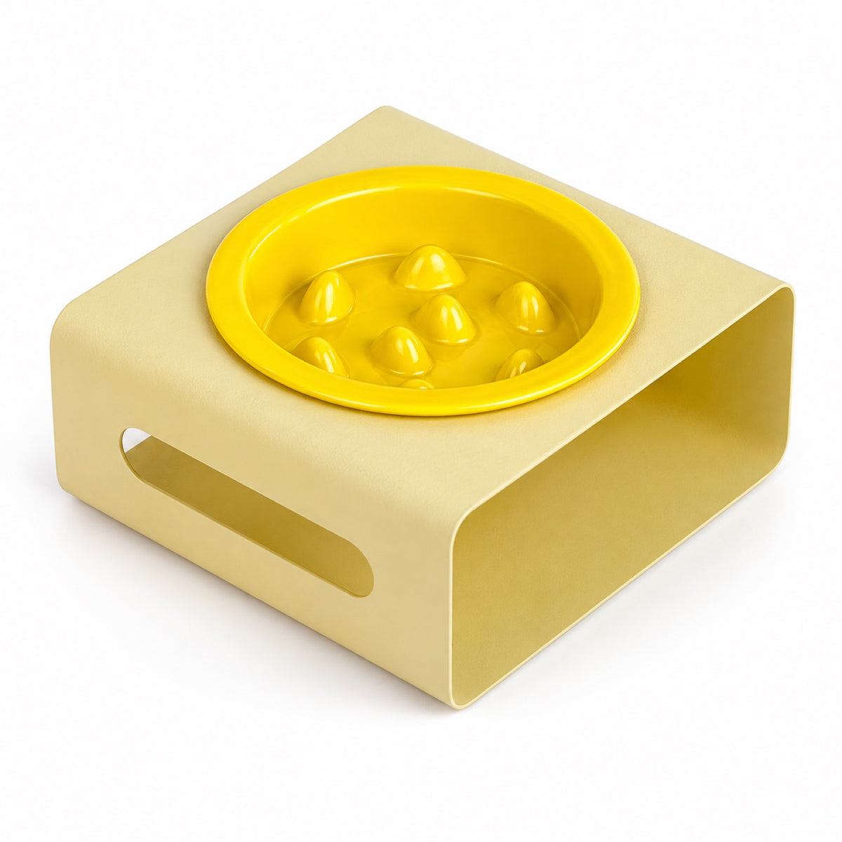 GAVPEPY Ceramic Slow Feeder Bowl and Stand, 13.5 x 13.5 x 3.5 cm bowl, nine bowl-and-stand color combinations, for Everyday Dog and Cat Meals or Water at Home, raised feeding pattern in a small matching stand; a patterned surface separates portions image 13 - DPbowl64-Yellow.jpg