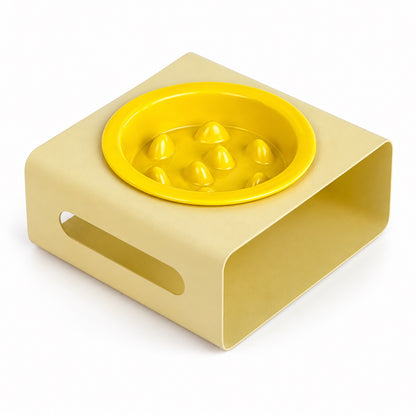 GAVPEPY Ceramic Slow Feeder Bowl and Stand, 13.5 x 13.5 x 3.5 cm bowl, nine bowl-and-stand color combinations, for Everyday Dog and Cat Meals or Water at Home, raised feeding pattern in a small matching stand; a patterned surface separates portions image 13 - DPbowl64-Yellow.jpg