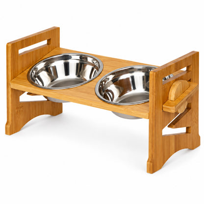 GAVPEPY Bamboo Double Pet Bowl Stand, three frame sizes from 42 to 42.5 cm wide, natural bamboo, for Everyday Dog and Cat Meals or Water at Home, two bowl positions in a raised bamboo frame; a practical feeding setup for daily pet-care routines image 9 - DPbowl66-42X18X19-5CM.jpg