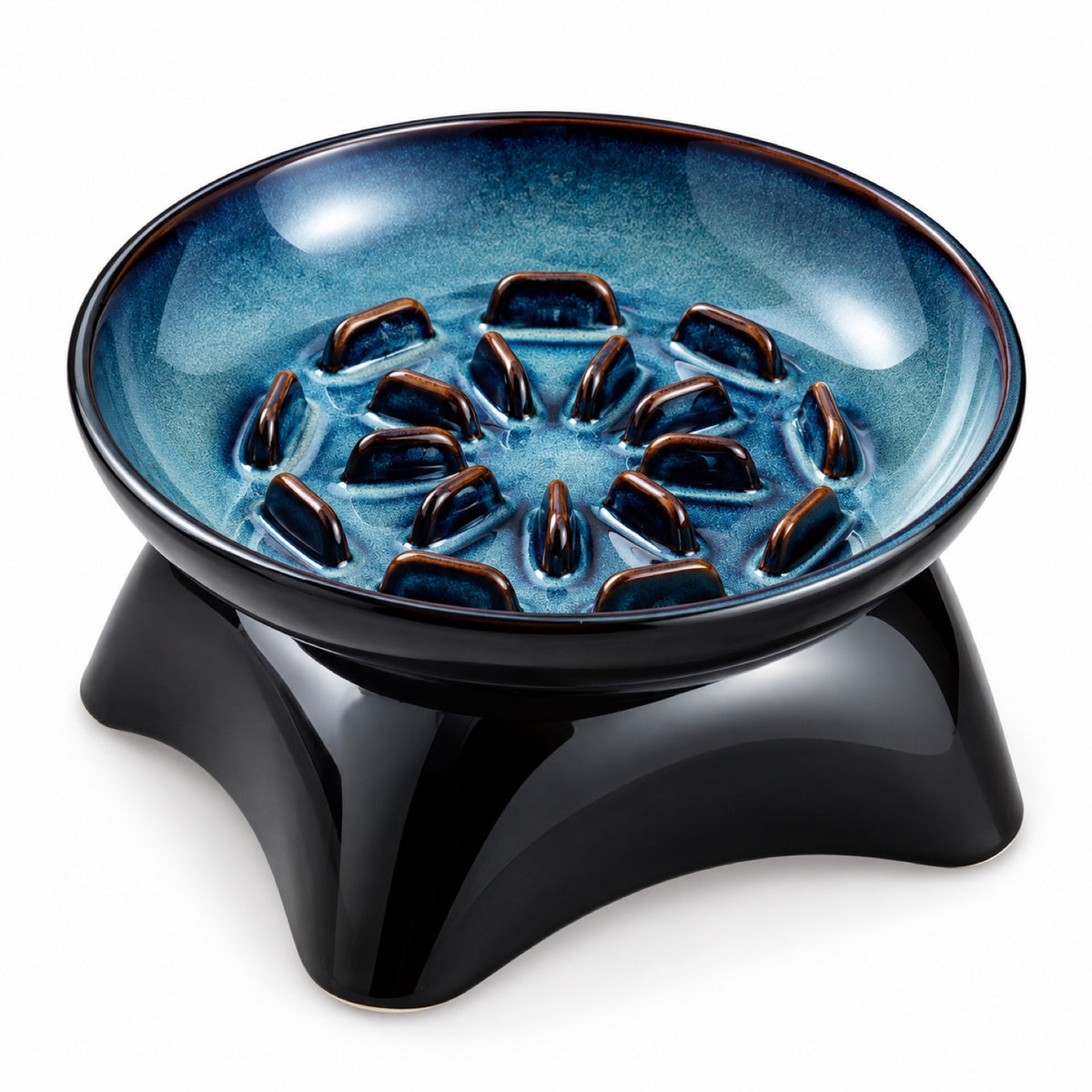 GAVPEPY Blue Glazed Ceramic Raised Slow Feeder Bowl, 20.2 x 11.9 x 10.4 cm, Blue, for Everyday Dog and Cat Meals or Water at Home, angled raised bowl with molded internal ridges; a patterned surface separates portions across the bowl image 8 - DPbowl69-Blue.jpg