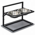 GAVPEPY Metal Raised Double Dog Bowl Stand, 42 x 32 x 25.5 cm, Black frame with two bowls, for Everyday Dog and Cat Meals or Water at Home, metal frame holding two stainless-look bowls; a practical feeding setup for daily pet-care routines