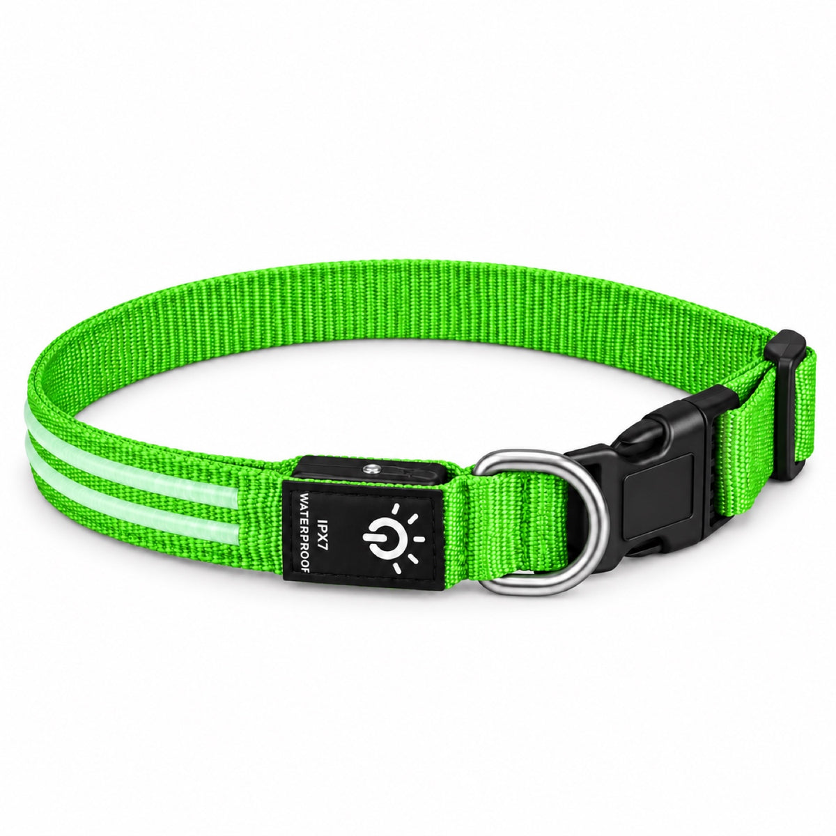 GAVPEPY Nylon Dual-Fiber LED Dog Collar, Sizes S, M, L, Red, Blue, Green, for neighborhood walks, park visits and daily dog wear; an adjustable neckwear option for supervised walks and everyday outings image 9 - DPcollar24-Green-S-CollarOnly.jpg