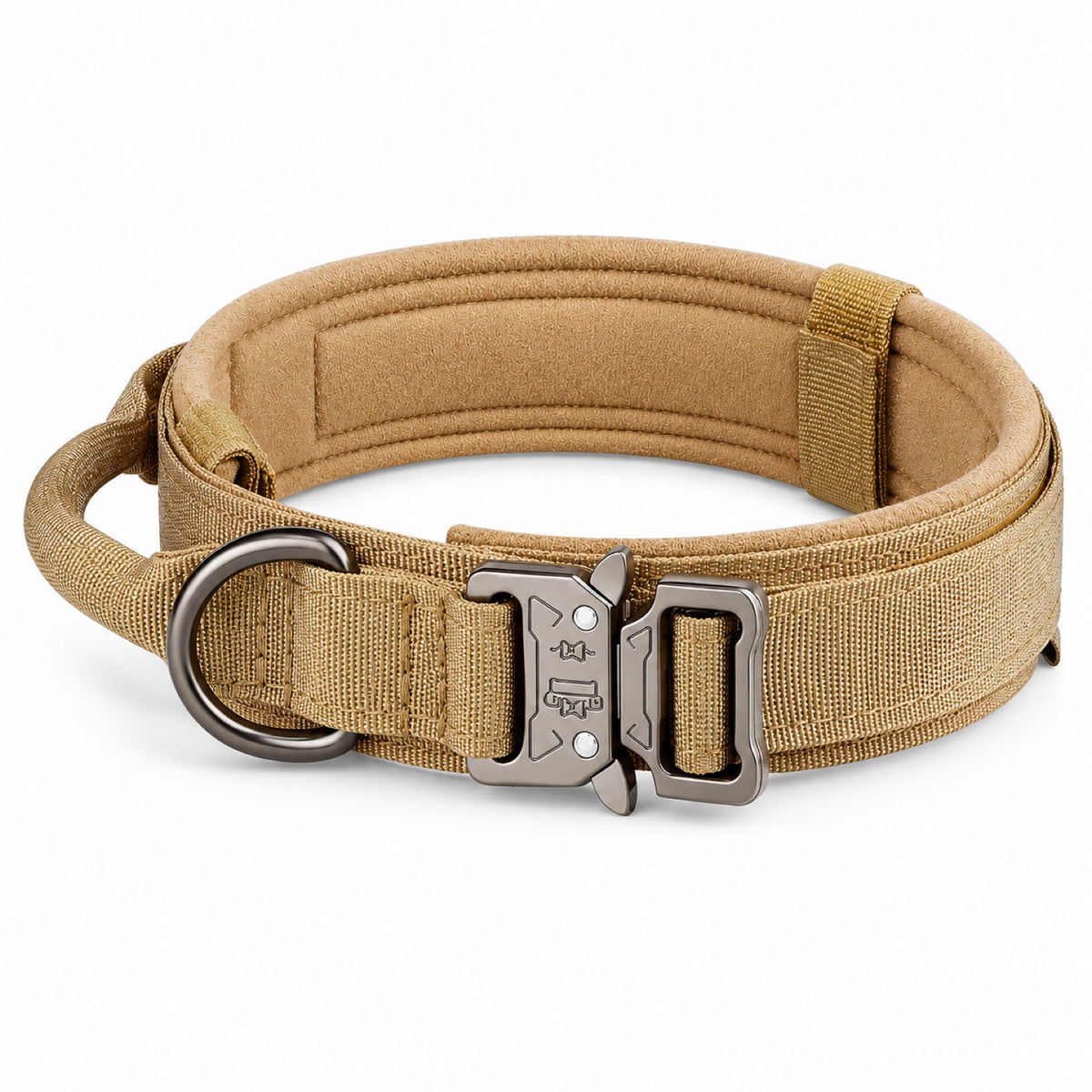 GAVPEPY Polyester with zinc-alloy hardware Tactical Padded Dog Collar, Sizes M, L, XL, 5 color or pattern options, for neighborhood walks, park visits and daily dog wear; an adjustable neckwear option for supervised walks and everyday outings image 8 - DPcollar4-Khaki-M-CollarOnly.jpg