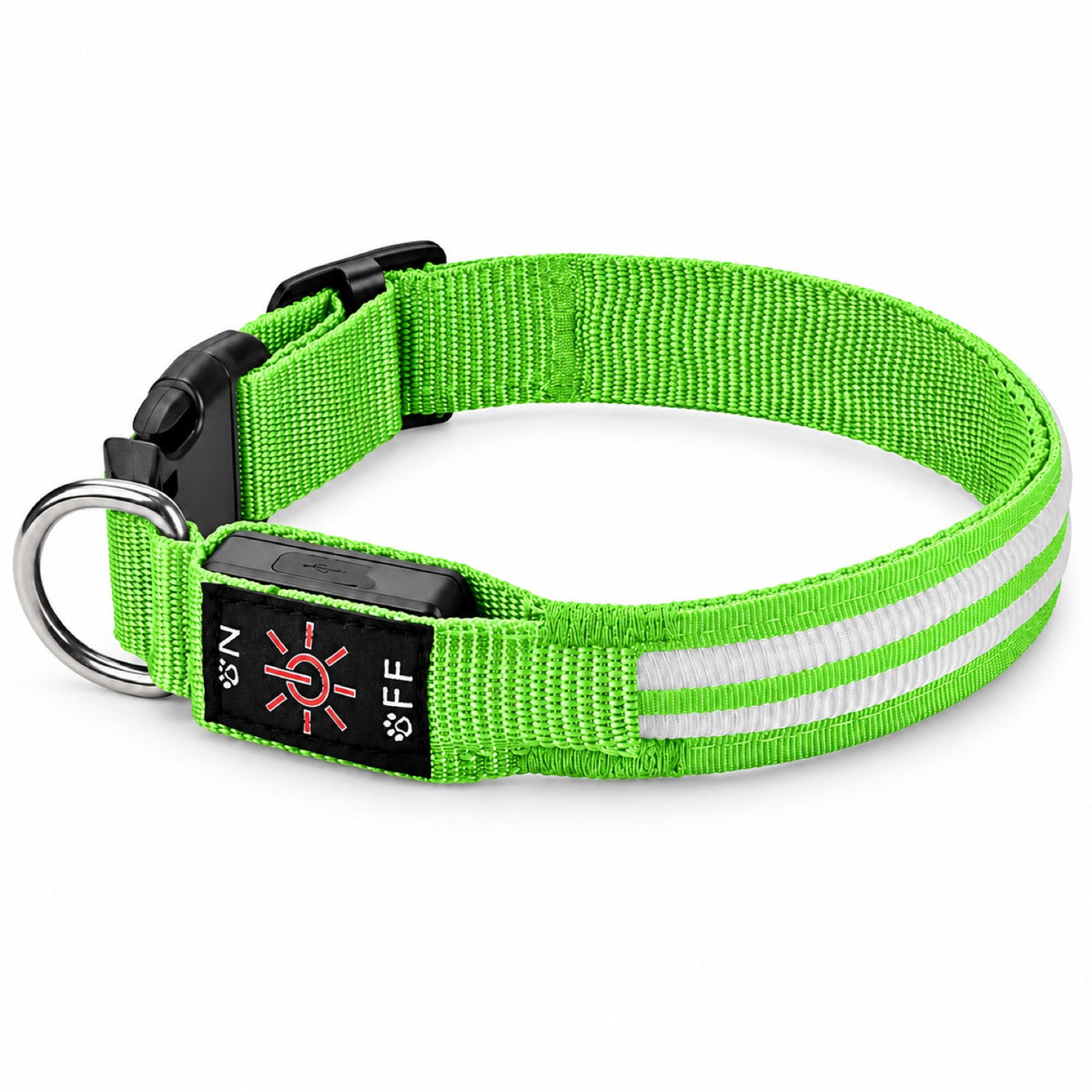 GAVPEPY Woven webbing LED Light-Up Dog Collar, Sizes S, M, L, Red, Green, Blue, Pink, for neighborhood walks, park visits and daily dog wear; an adjustable neckwear option for supervised walks and everyday outings image 9 - DPcollar8-Green-S-CollarOnly.jpg
