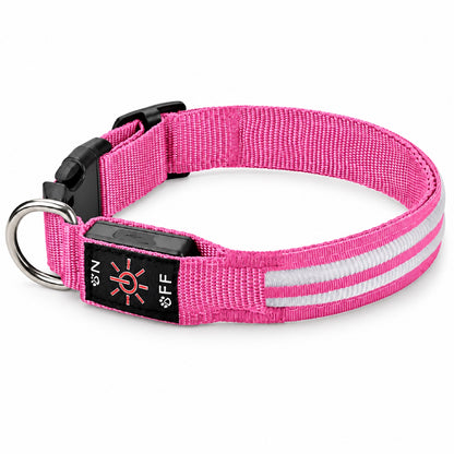 GAVPEPY Woven webbing LED Light-Up Dog Collar, Sizes S, M, L, Red, Green, Blue, Pink, for neighborhood walks, park visits and daily dog wear; an adjustable neckwear option for supervised walks and everyday outings image 10 - DPcollar8-Pink-S-CollarOnly.jpg