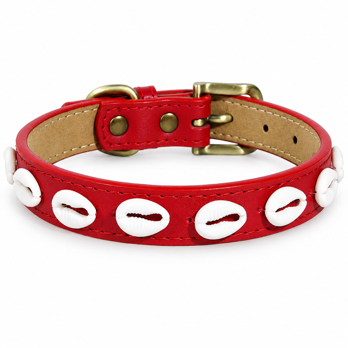 GAVPEPY Faux leather Decorative Shell Dog Collar, Sizes XS, S, M, L, Coffee Brown, Red, Black, for neighborhood walks, park visits and daily dog wear; an adjustable neckwear option for supervised walks and everyday outings image 8 - DPcollar9-Red-XS-CollarOnly.jpg