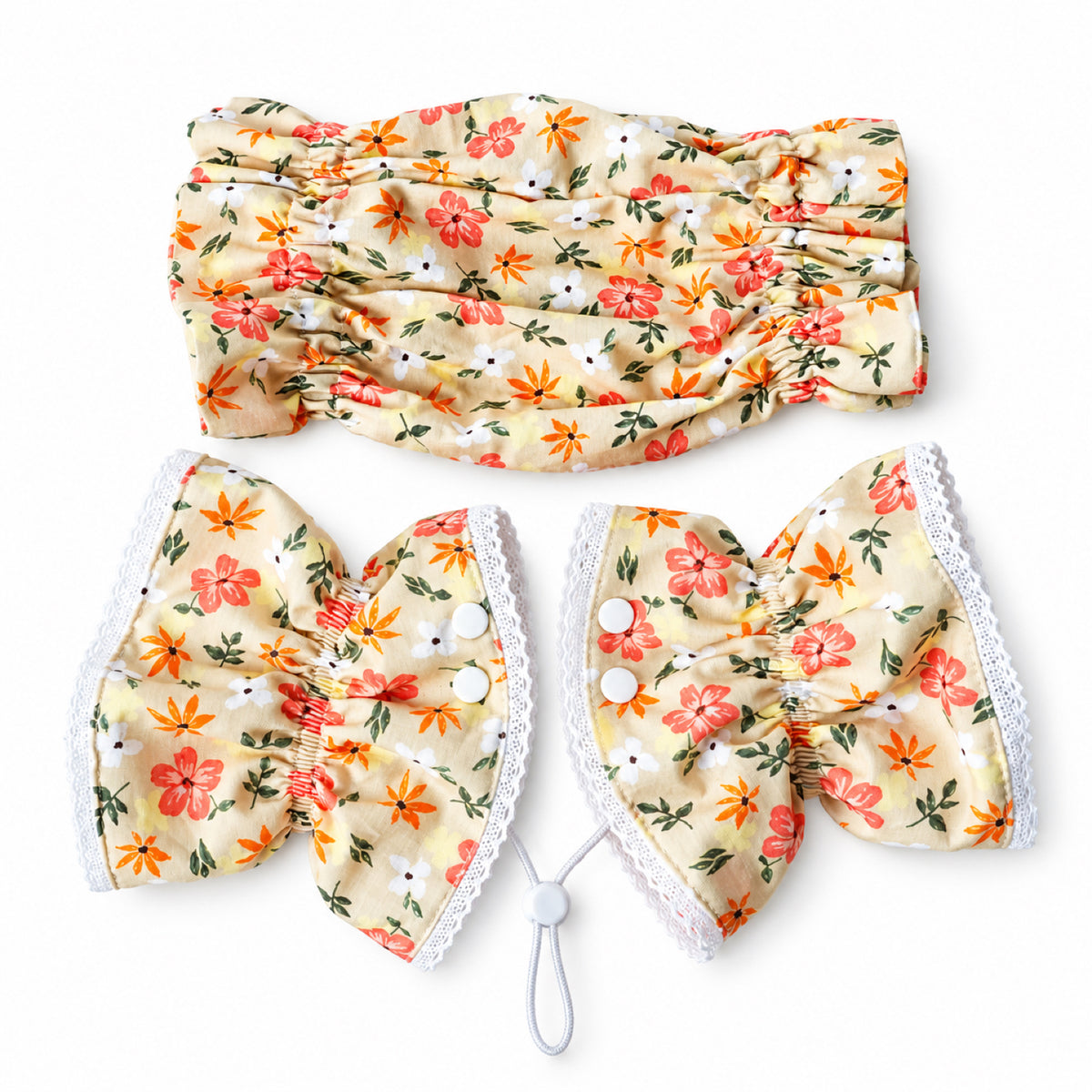 GAVPEPY Cotton Floral Long-Ear Dog Cover, Begonia, Apricot, Lake Blue or Blue patterns in Ear Cover Only or Ear Cover with Neck Cover packages, for keeping long ear hair tidier during meals and supervised daily routines, meals, grooming and daily use image 13 - DPearmuff10-Apricot-WithNeckCover.jpg