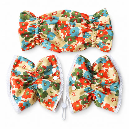 GAVPEPY Cotton Floral Long-Ear Dog Cover, Begonia, Apricot, Lake Blue or Blue patterns in Ear Cover Only or Ear Cover with Neck Cover packages, for keeping long ear hair tidier during meals and supervised daily routines, meals, grooming and daily use image 12 - DPearmuff10-Begonia-WithNeckCover.jpg
