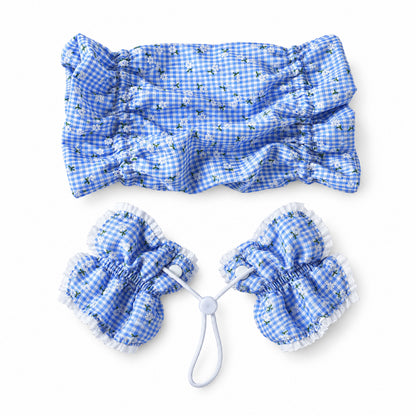 GAVPEPY Cotton Floral Long-Ear Dog Cover, Begonia, Apricot, Lake Blue or Blue patterns in Ear Cover Only or Ear Cover with Neck Cover packages, for keeping long ear hair tidier during meals and supervised daily routines, meals, grooming and daily use image 15 - DPearmuff10-Blue-WithNeckCover.jpg