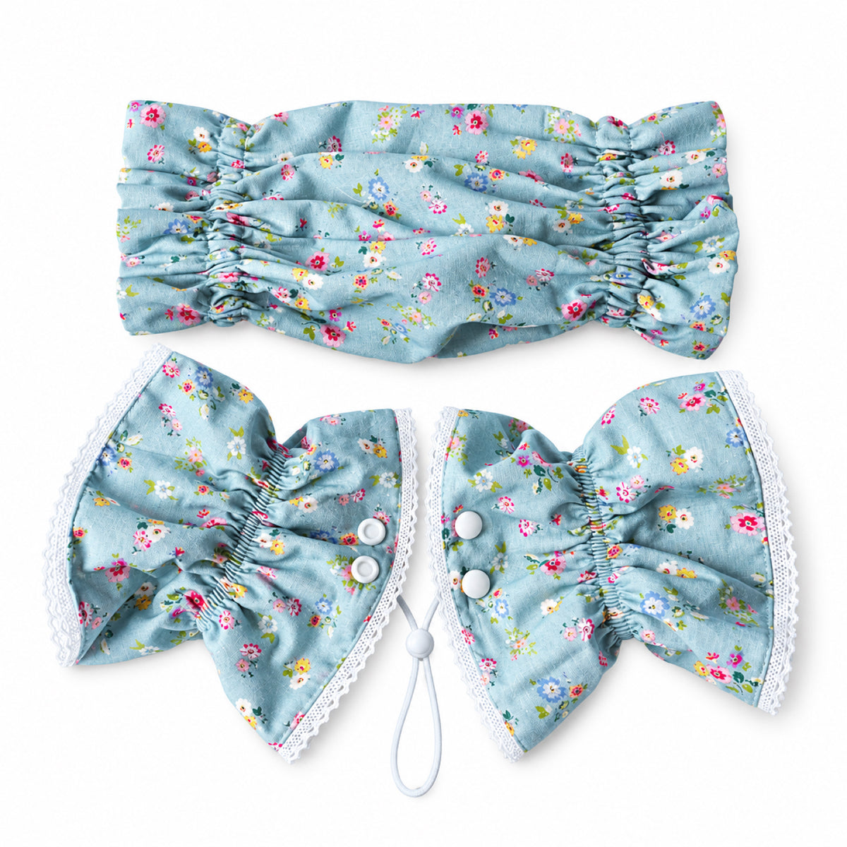 GAVPEPY Cotton Floral Long-Ear Dog Cover, Begonia, Apricot, Lake Blue or Blue patterns in Ear Cover Only or Ear Cover with Neck Cover packages, for keeping long ear hair tidier during meals and supervised daily routines, meals, grooming and daily use image 14 - DPearmuff10-LakeBlue-WithNeckCover.jpg