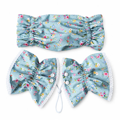 GAVPEPY Cotton Floral Long-Ear Dog Cover, Begonia, Apricot, Lake Blue or Blue patterns in Ear Cover Only or Ear Cover with Neck Cover packages, for keeping long ear hair tidier during meals and supervised daily routines, meals, grooming and daily use image 14 - DPearmuff10-LakeBlue-WithNeckCover.jpg