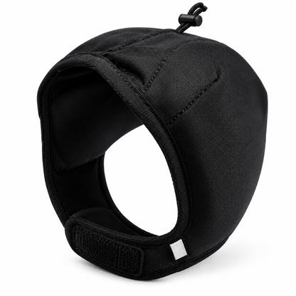 GAVPEPY Polyester Padded Dog Ear Cover Hood, Black or Blue in S, M and L, for covering canine ears during supervised noisy routines, home, travel, grooming visits and outdoor events, a smooth outer panel, dark inner lining and adjustable lower tab image 13 - DPearmuff15-Black-L.jpg