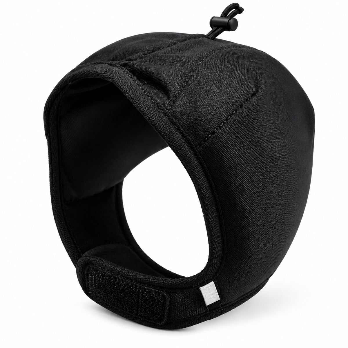 GAVPEPY Polyester Padded Dog Ear Cover Hood, Black or Blue in S, M and L, for covering canine ears during supervised noisy routines, home, travel, grooming visits and outdoor events, a smooth outer panel, dark inner lining and adjustable lower tab image 11 - DPearmuff15-Black-S.jpg