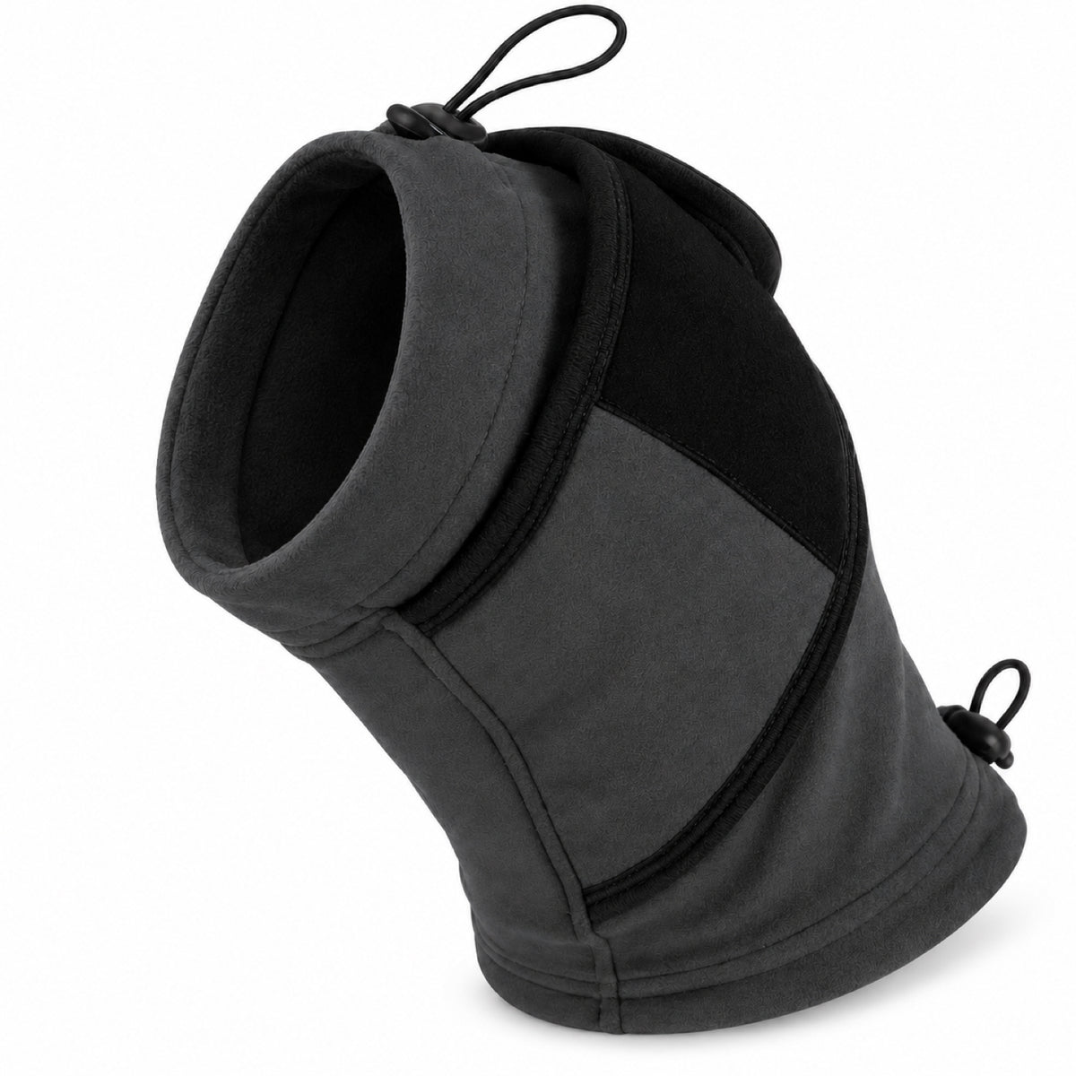 GAVPEPY Fleece-Style A-Shape Dog Head and Neck Wrap, Gray or Red in S, M, L and XL, for covering ears and neck during supervised cool-weather or noisy routines, walks, home, grooming and travel, an open face, layered neck section and adjustment image 14 - DPearmuff16-Gray-L.jpg